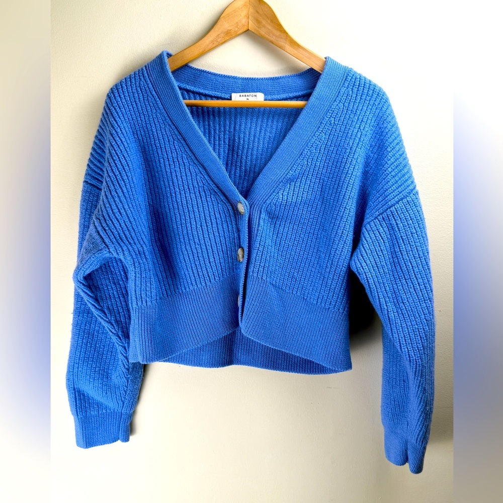 Babaton Women’s Blue 100% Merino Wool Button Up Sweater Boxy Size XL